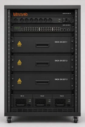 Rollbares 24-HE-Laborrack mit Steckdosenleiste, Netzwerk-Switch, drei Prüflingseinschüben und Netzteilen